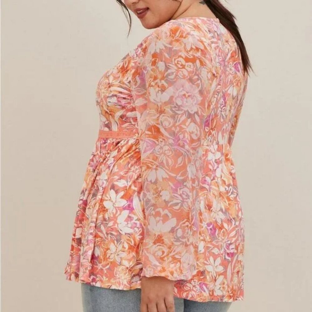 Torrid Babydoll Floral Top Coral | V-Neck Sheer Balloon Sleeve | Plus Size 2/2X - Picture 2 of 11